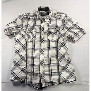 BKE Buckle Pearl Snap Button Up Shirt Men's L White Blue Plaid Overstitch